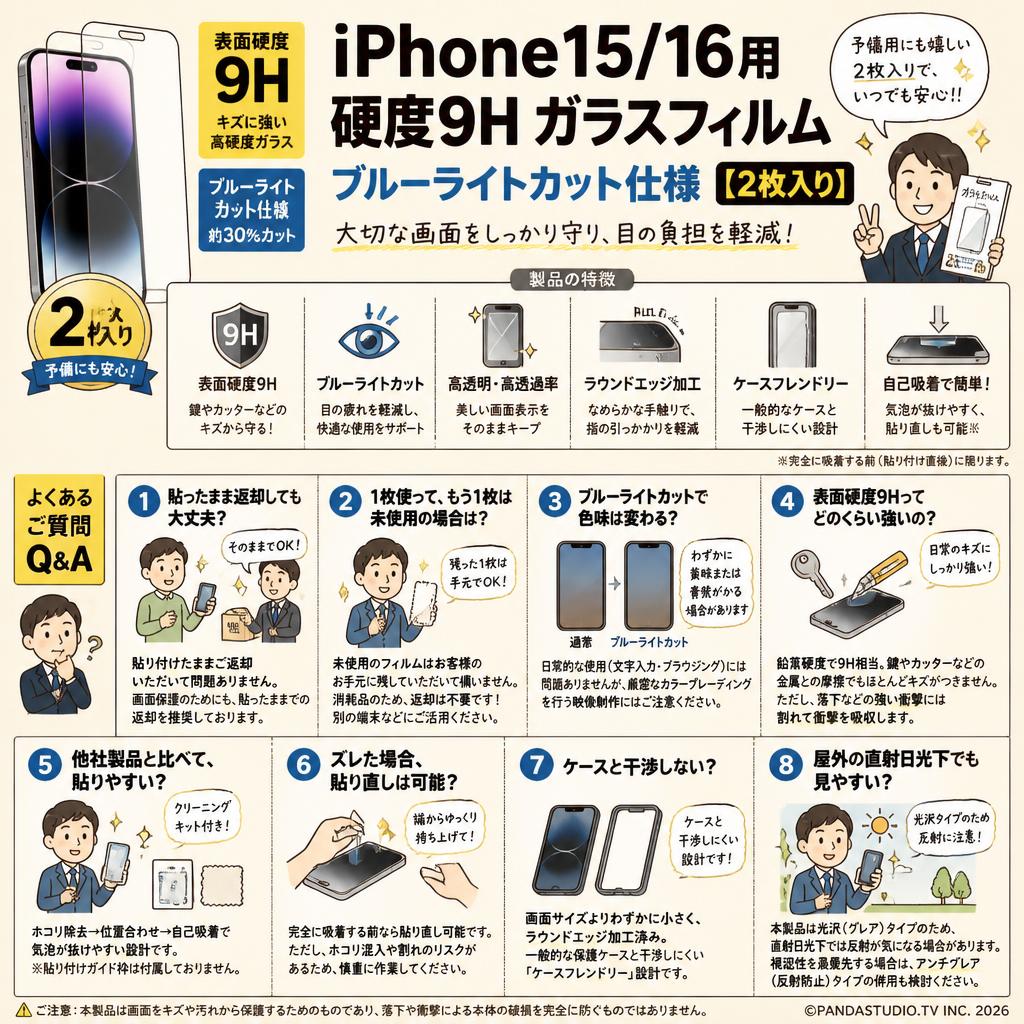 iPhone15/16用 硬度9H ガラスフィルム ブルーライトカット仕様【【2枚入り】 FAQ（よくある質問と答え）
