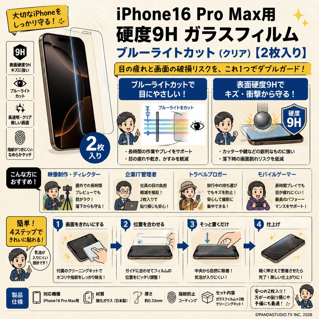 iPhone16 Pro Max用 硬度9H ガラスフィルム ブルーライトカット（クリア）【2枚入り】 おもな対象のお客様