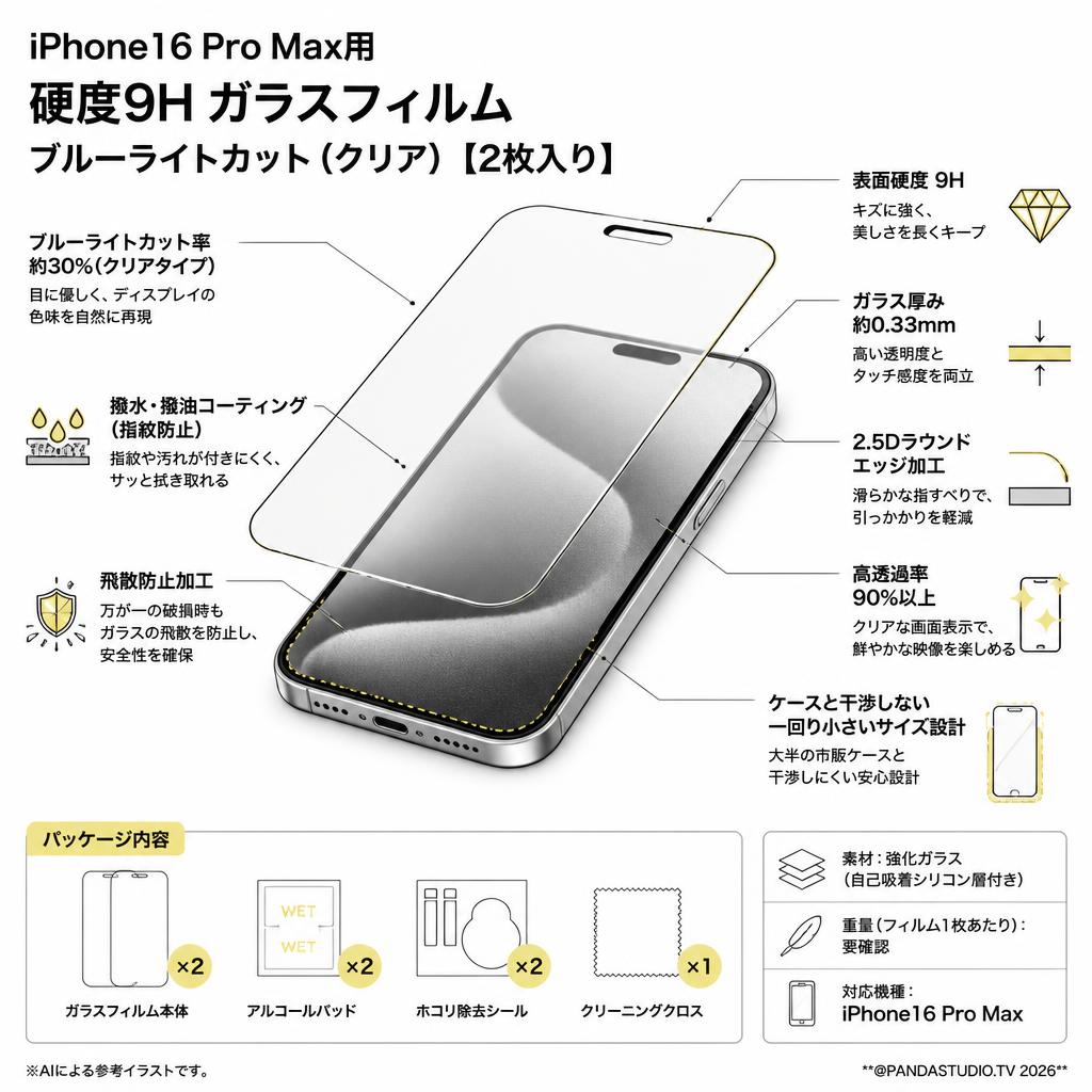 iPhone16 Pro Max用 硬度9H ガラスフィルム ブルーライトカット（クリア）【2枚入り】 スペック