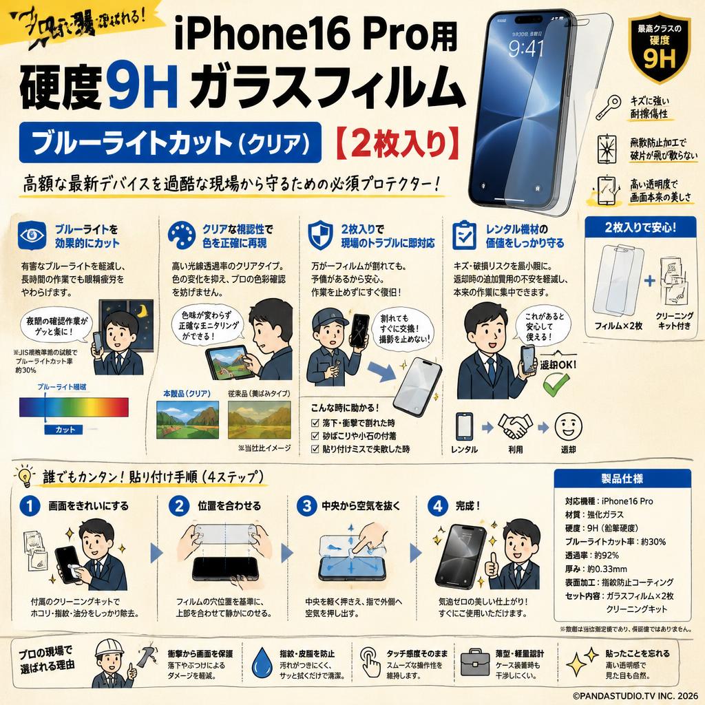 iPhone16 Pro用 硬度9H ガラスフィルム ブルーライトカット（クリア）【2枚入り】 概要