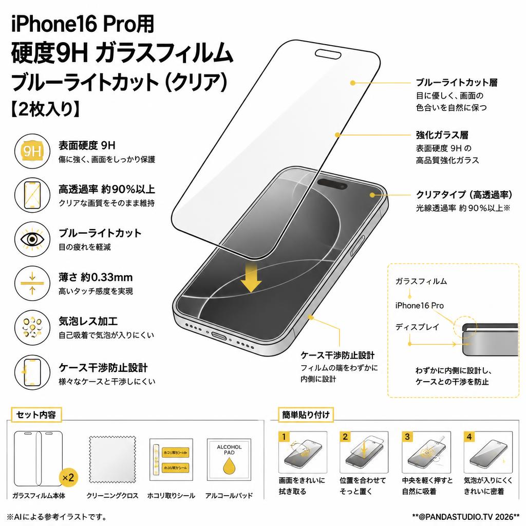 iPhone16 Pro用 硬度9H ガラスフィルム ブルーライトカット（クリア）【2枚入り】 スペック