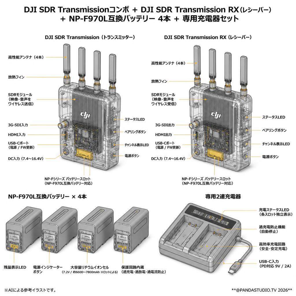 DJI SDR Transmissionコンボ＋DJI SDR Transmission RX（レシーバー）＋NP-F970L互換バッテリー 4本 ＋ 専用充電器セット スペック