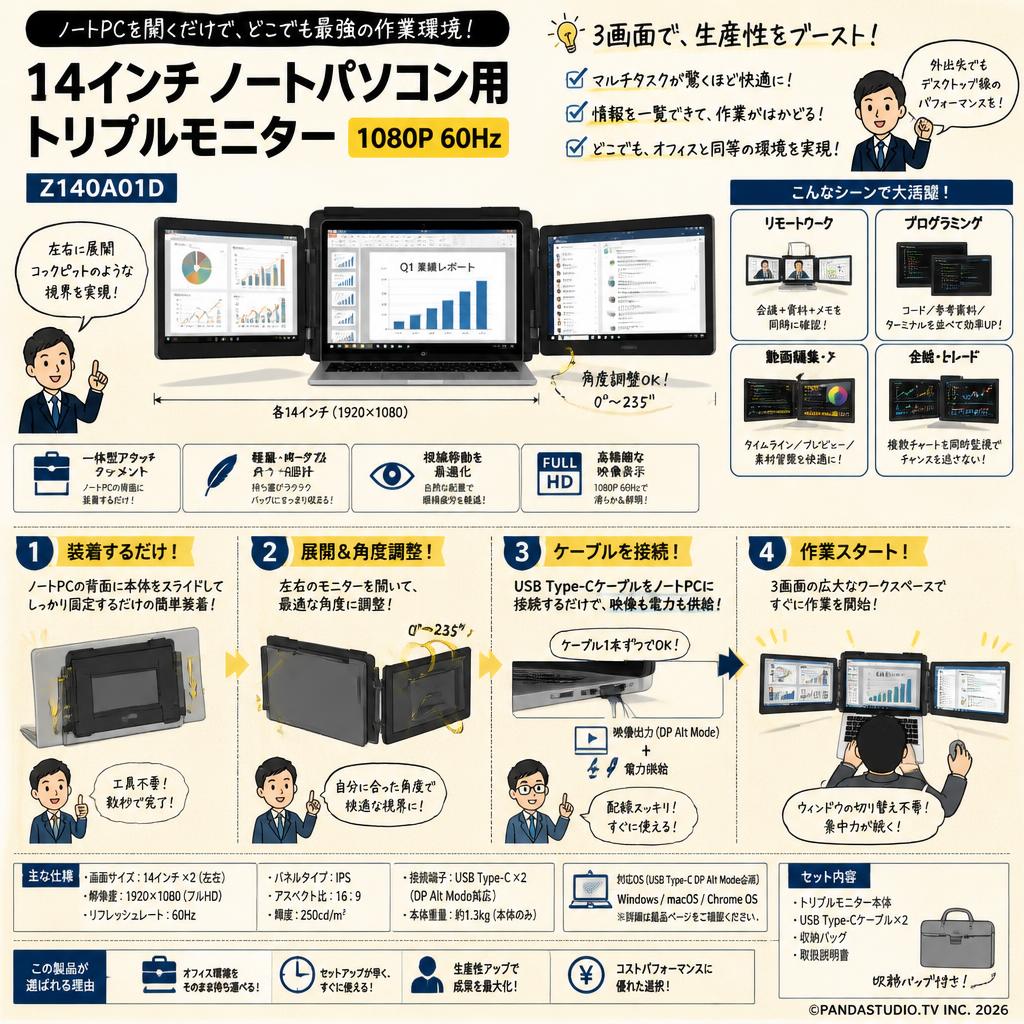 14インチ ノートパソコン用トリプルモニター 1080P 60Hz Z140A01D 概要