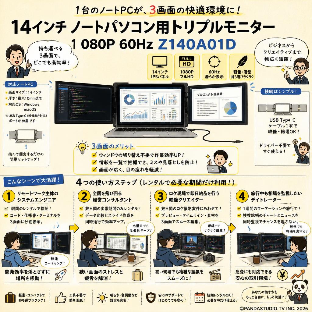 14インチ ノートパソコン用トリプルモニター 1080P 60Hz Z140A01D おもな対象のお客様