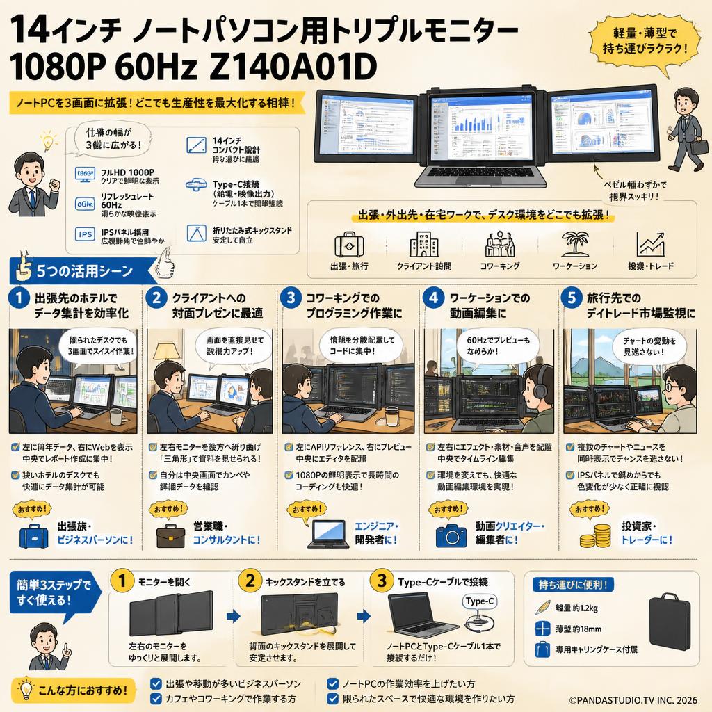 14インチ ノートパソコン用トリプルモニター 1080P 60Hz Z140A01D 用途