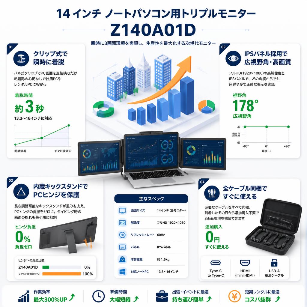 14インチ ノートパソコン用トリプルモニター 1080P 60Hz Z140A01D セールスポイント