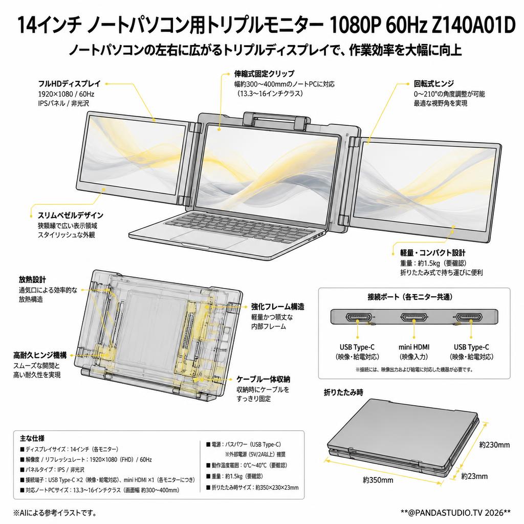 14インチ ノートパソコン用トリプルモニター 1080P 60Hz Z140A01D スペック