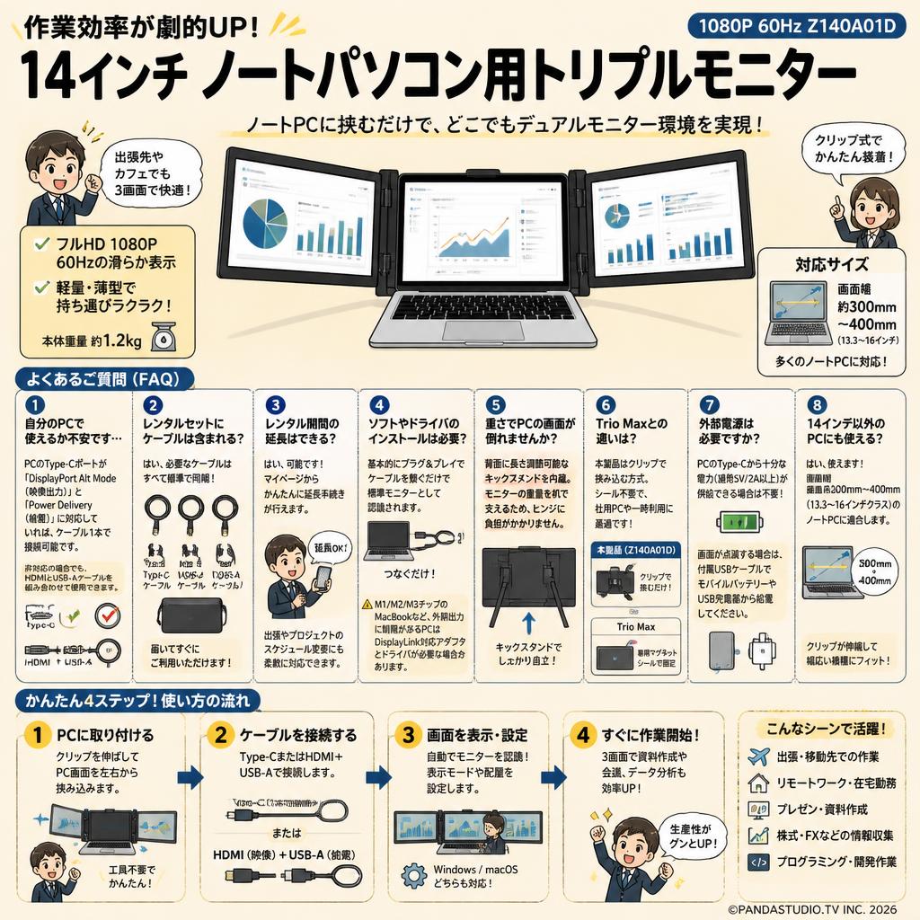 14インチ ノートパソコン用トリプルモニター 1080P 60Hz Z140A01D FAQ（よくある質問と答え）