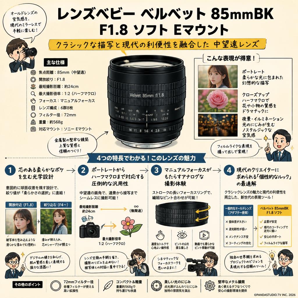 レンズベビー ベルベット 85mmBK F1.8 ソフト Eマウント 概要