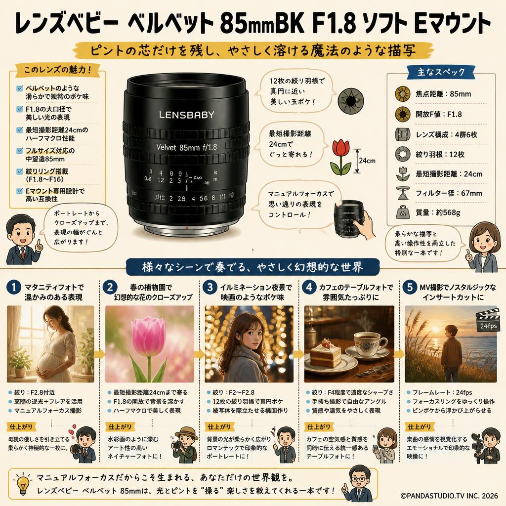レンズベビー ベルベット 85mmBK F1.8 ソフト Eマウント 用途