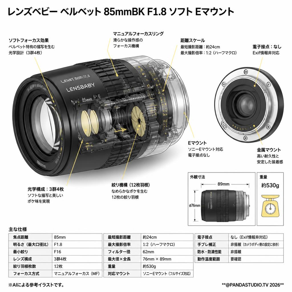 レンズベビー ベルベット 85mmBK F1.8 ソフト Eマウント スペック