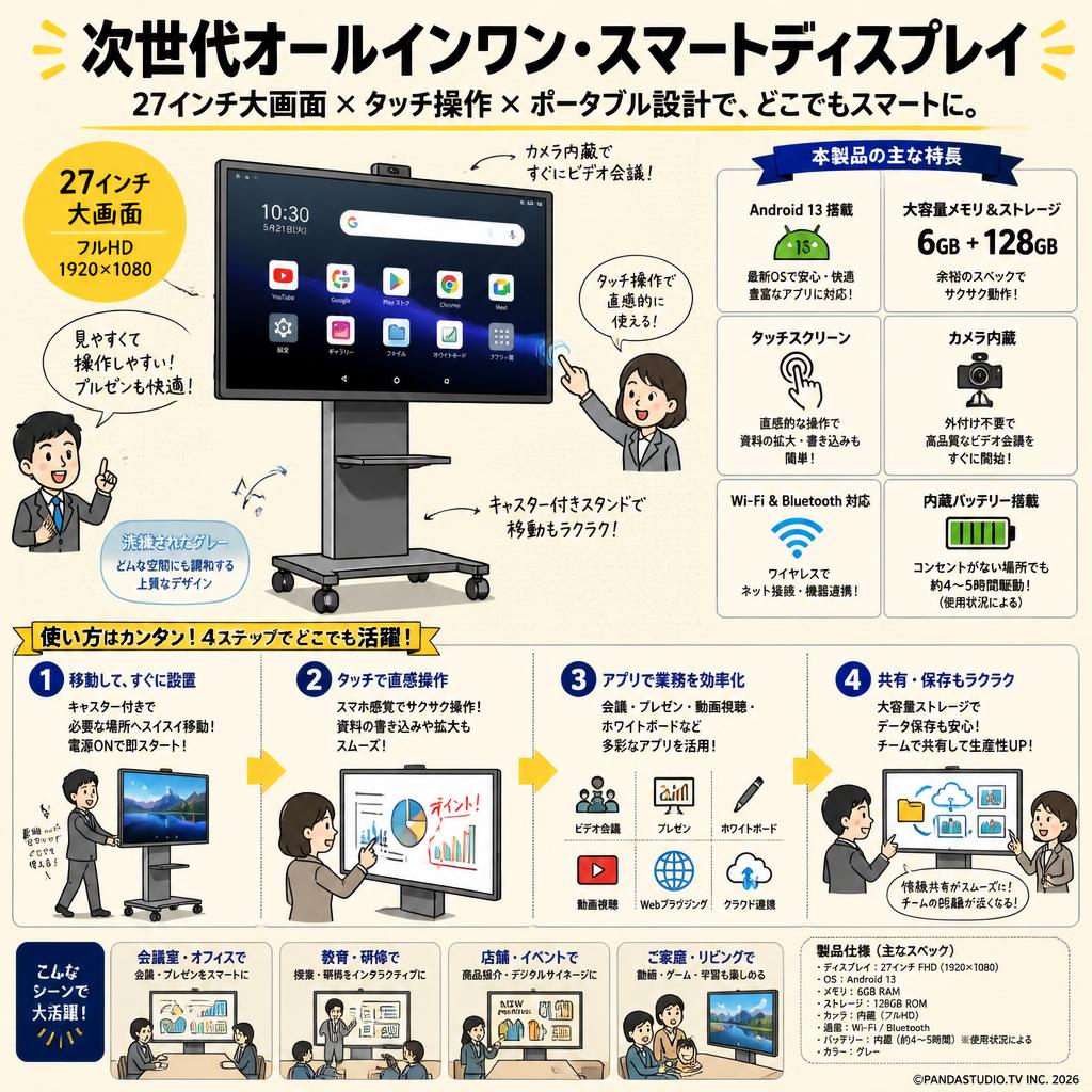 Smart display 27インチ モニター6+128GB タッチ スクリーン ポータブル スマート TV カメラ付き Android 13 グレー 概要