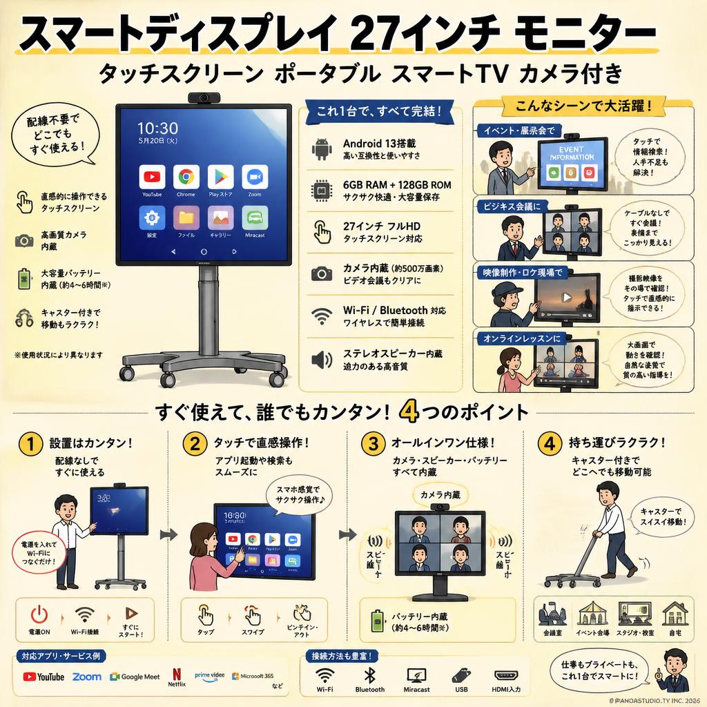 Smart display 27インチ モニター6+128GB タッチ スクリーン ポータブル スマート TV カメラ付き Android 13 グレー おもな対象のお客様