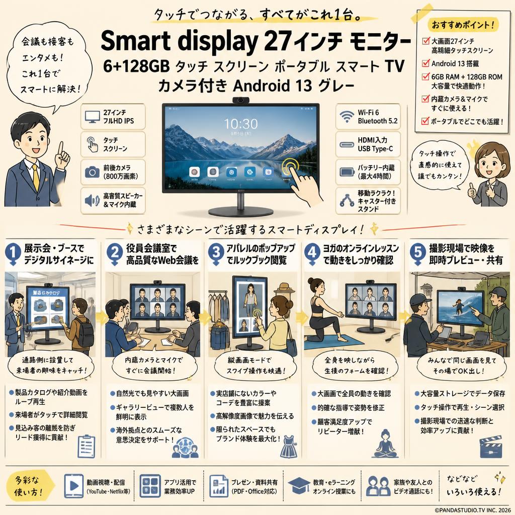 Smart display 27インチ モニター6+128GB タッチ スクリーン ポータブル スマート TV カメラ付き Android 13 グレー 用途