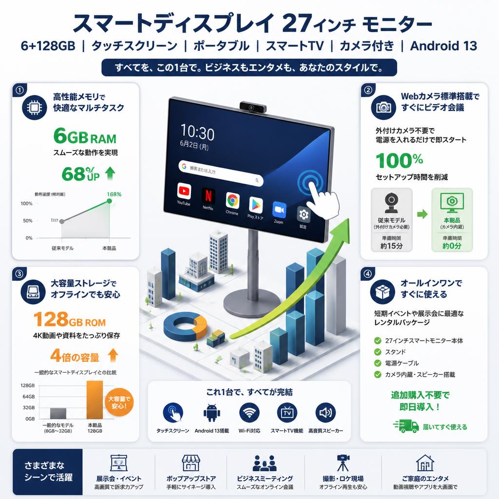 Smart display 27インチ モニター6+128GB タッチ スクリーン ポータブル スマート TV カメラ付き Android 13 グレー セールスポイント
