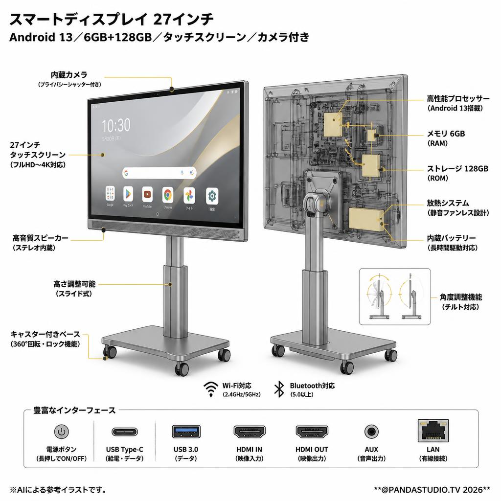 Smart display 27インチ モニター6+128GB タッチ スクリーン ポータブル スマート TV カメラ付き Android 13 グレー スペック