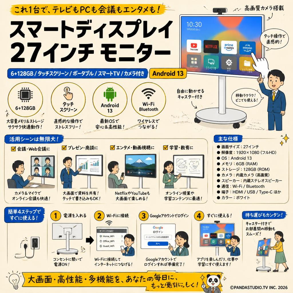 Smart display 27インチ モニター 6+128GB タッチ スクリーン ポータブル スマート TV カメラ付き Android 13 白 概要