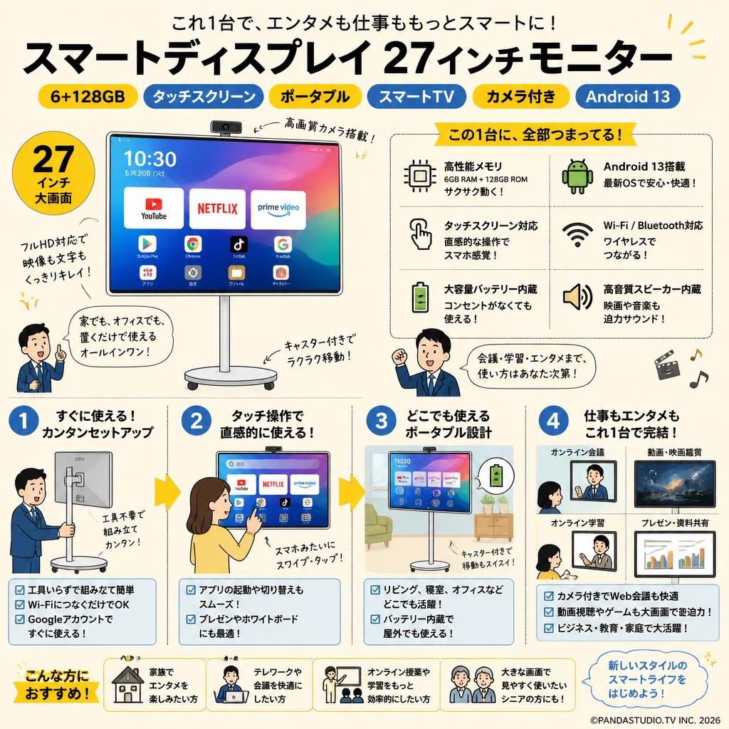 Smart display 27インチ モニター 6+128GB タッチ スクリーン ポータブル スマート TV カメラ付き Android 13 白 おもな対象のお客様