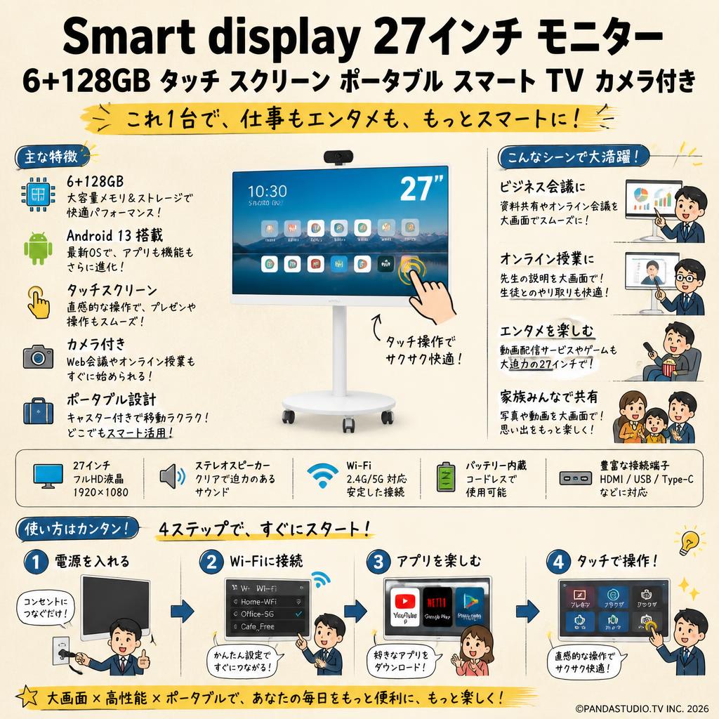 Smart display 27インチ モニター 6+128GB タッチ スクリーン ポータブル スマート TV カメラ付き Android 13 白 用途