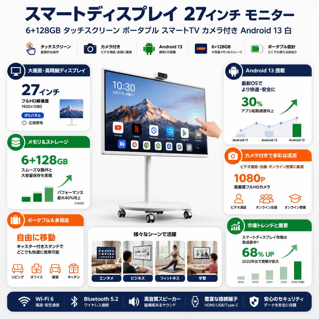 Smart display 27インチ モニター 6+128GB タッチ スクリーン ポータブル スマート TV カメラ付き Android 13 白 セールスポイント