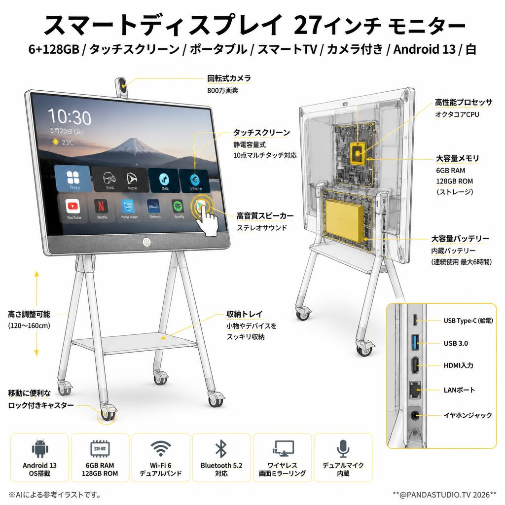 Smart display 27インチ モニター 6+128GB タッチ スクリーン ポータブル スマート TV カメラ付き Android 13 白 スペック