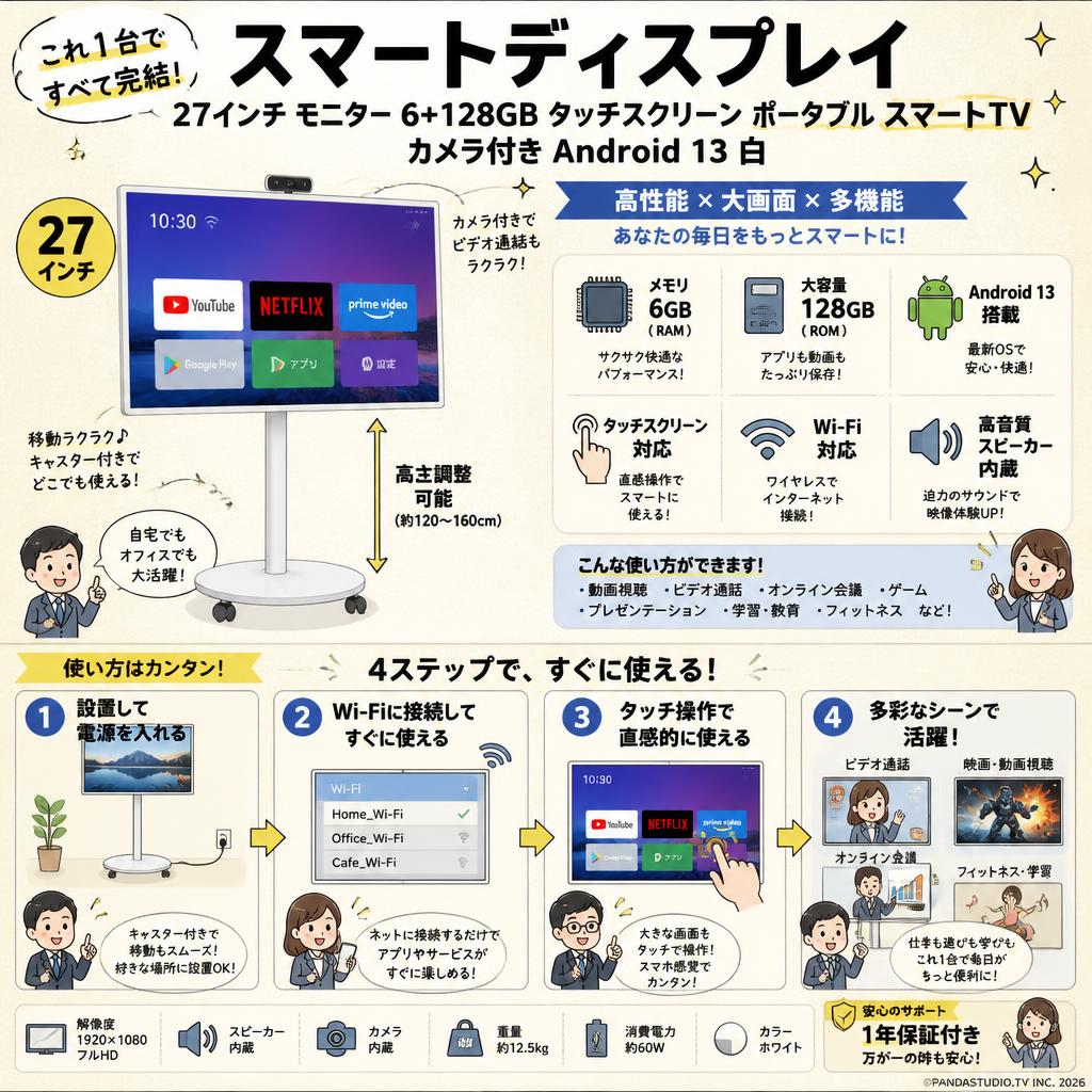 Smart display 27インチ モニター 6+128GB タッチ スクリーン ポータブル スマート TV カメラ付き Android 13 白 FAQ（よくある質問と答え）