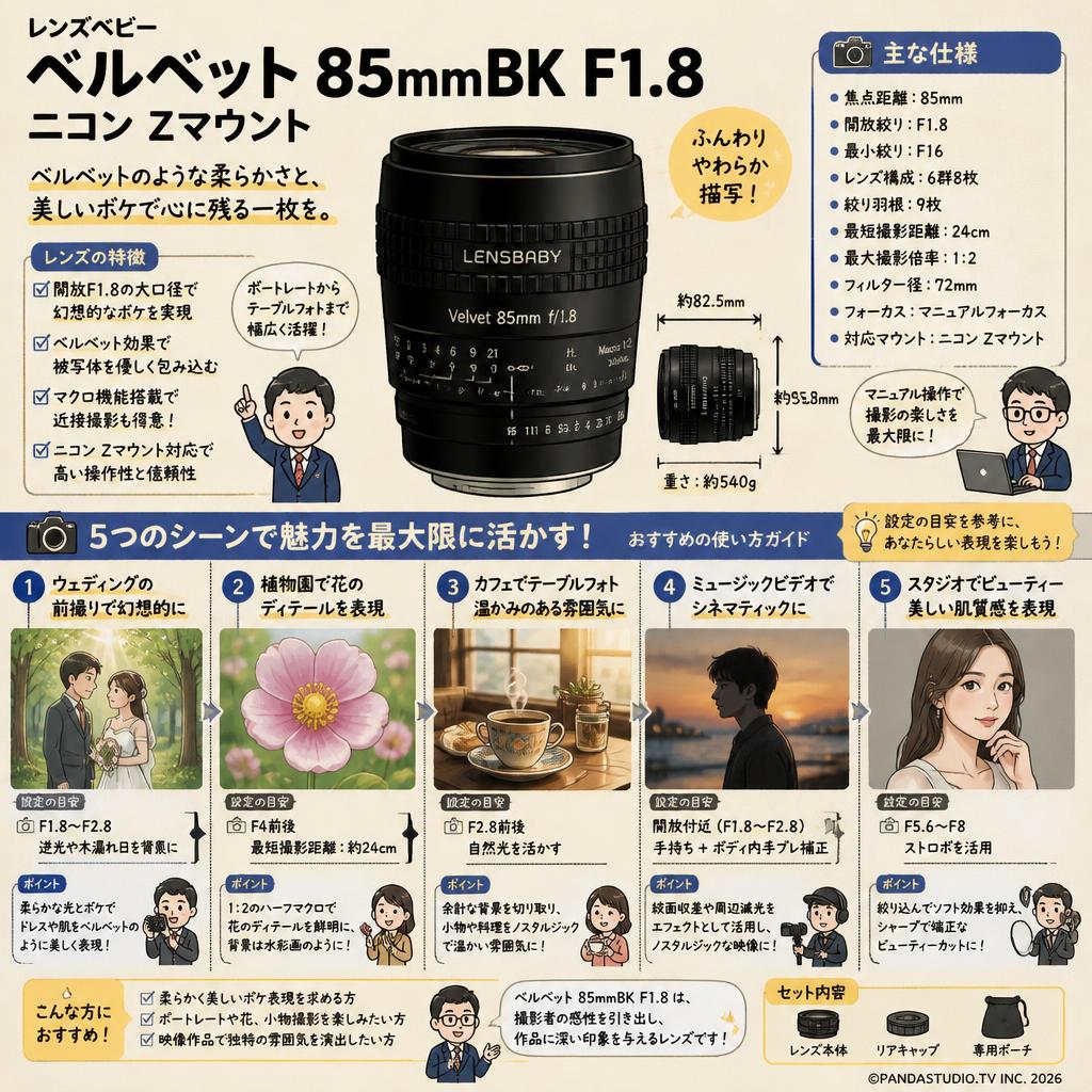 レンズベビー ベルベット 85mmBK F1.8 ニコン  Zマウント 用途
