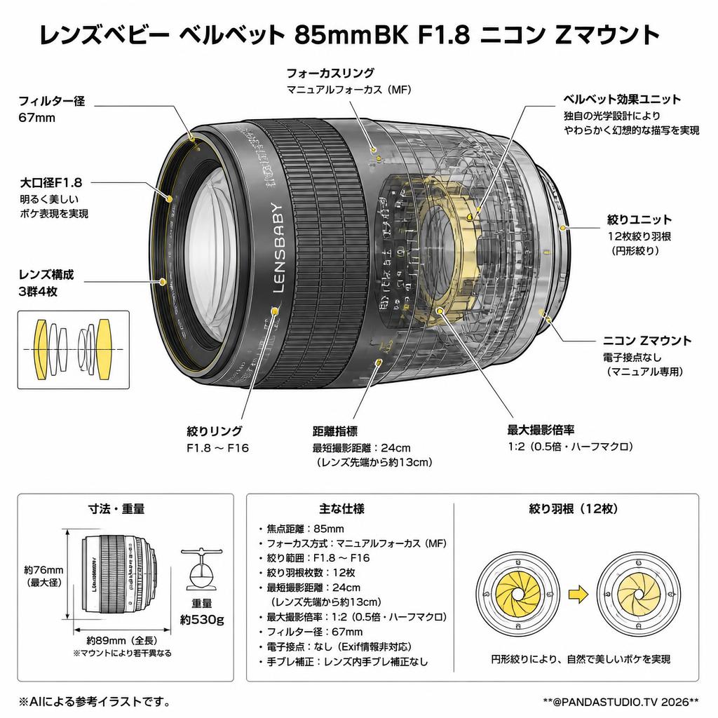 レンズベビー ベルベット 85mmBK F1.8 ニコン  Zマウント スペック