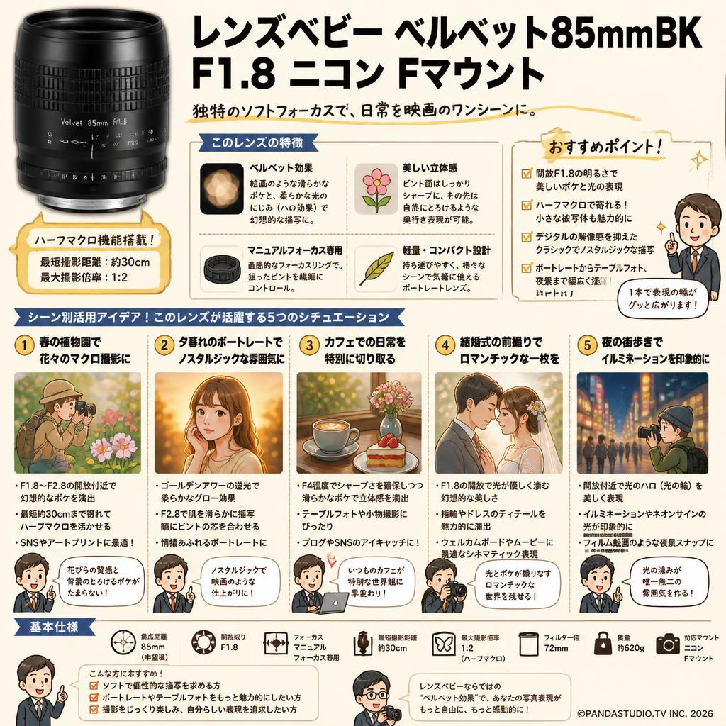 レンズベビー ベルベット85mmBK F1.8 ニコン Fマウント 用途