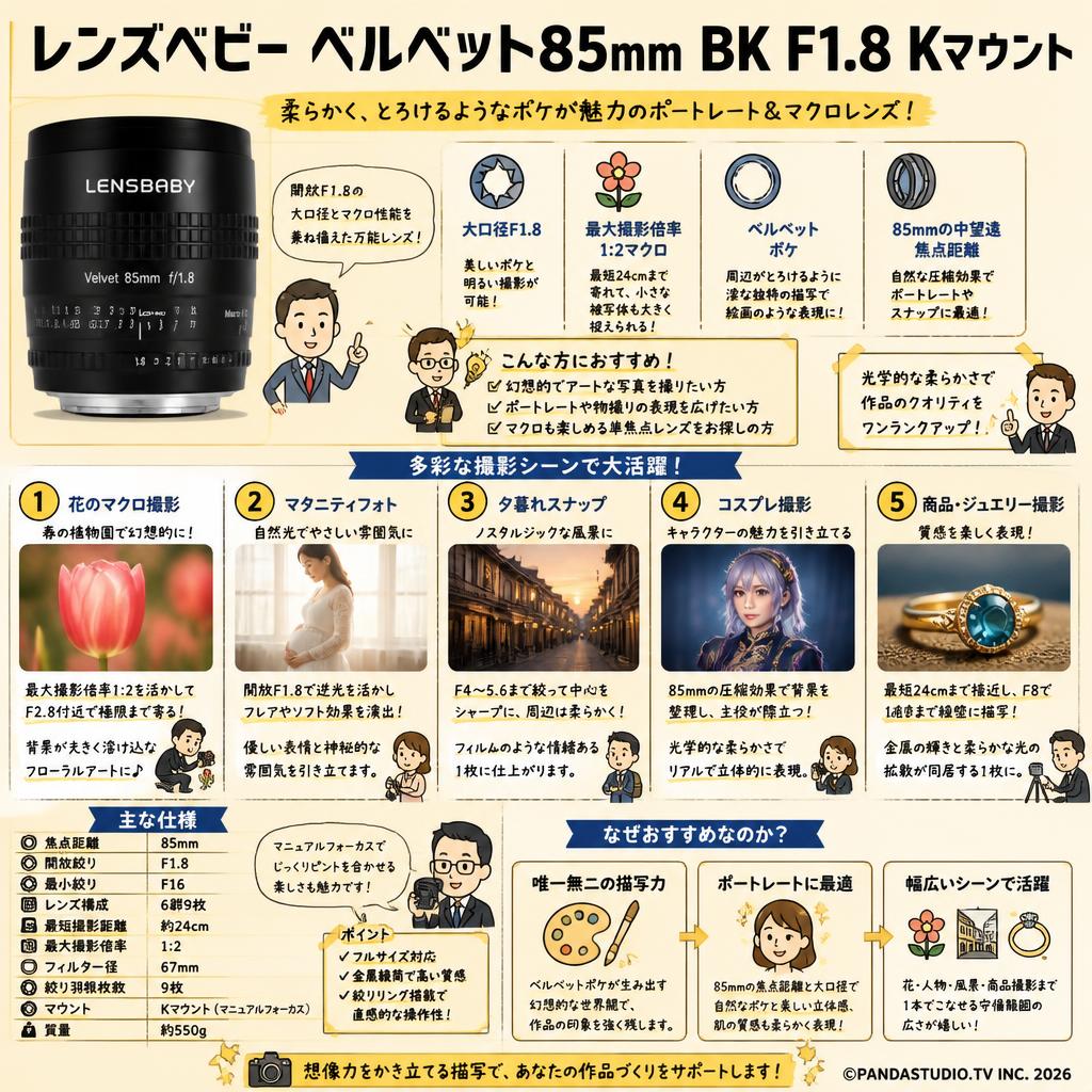 レンズベビー ベルベット85mm BK F1.8 Kマウント 用途