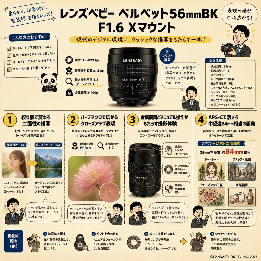 レンズベビー ベルベット56mmBK F1.6 Xマウント 概要