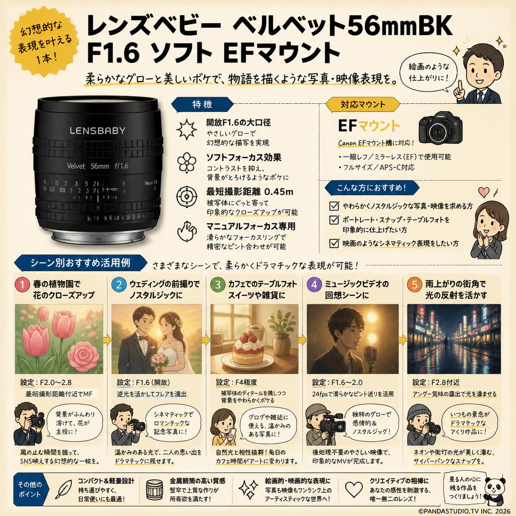 レンズベビー ベルベット56mmBK F1.6 ソフト EFマウント 用途