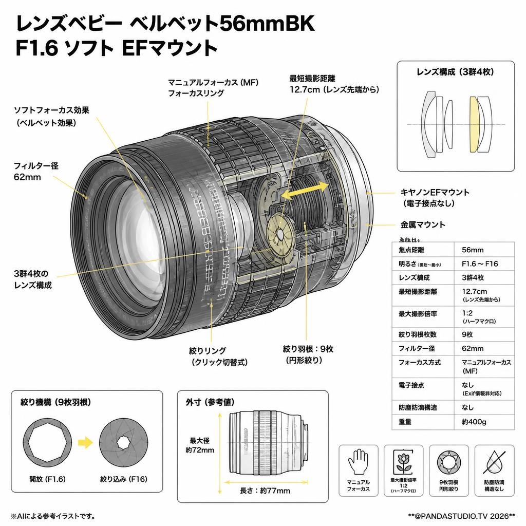レンズベビー ベルベット56mmBK F1.6 ソフト EFマウント スペック