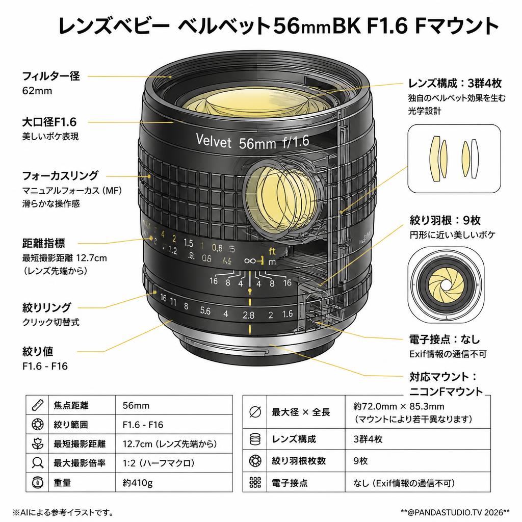 レンズベビー ベルベット56mmBK F1.6 Fマウント スペック