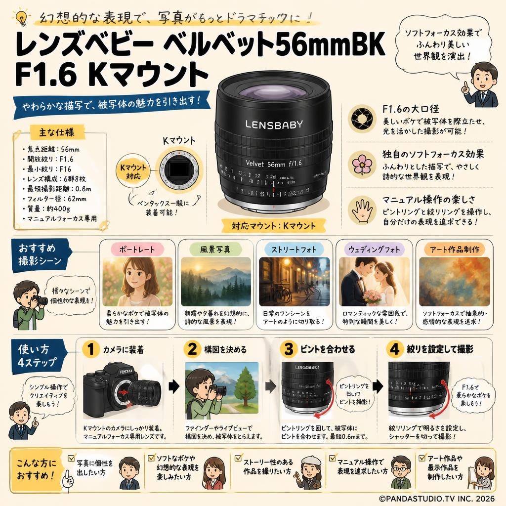 レンズベビー ベルベット56mmBK F1.6 Kマウント 用途