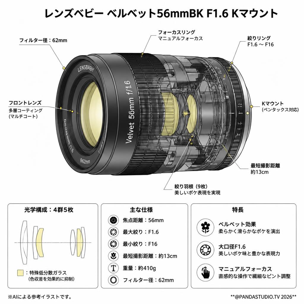 レンズベビー ベルベット56mmBK F1.6 Kマウント スペック