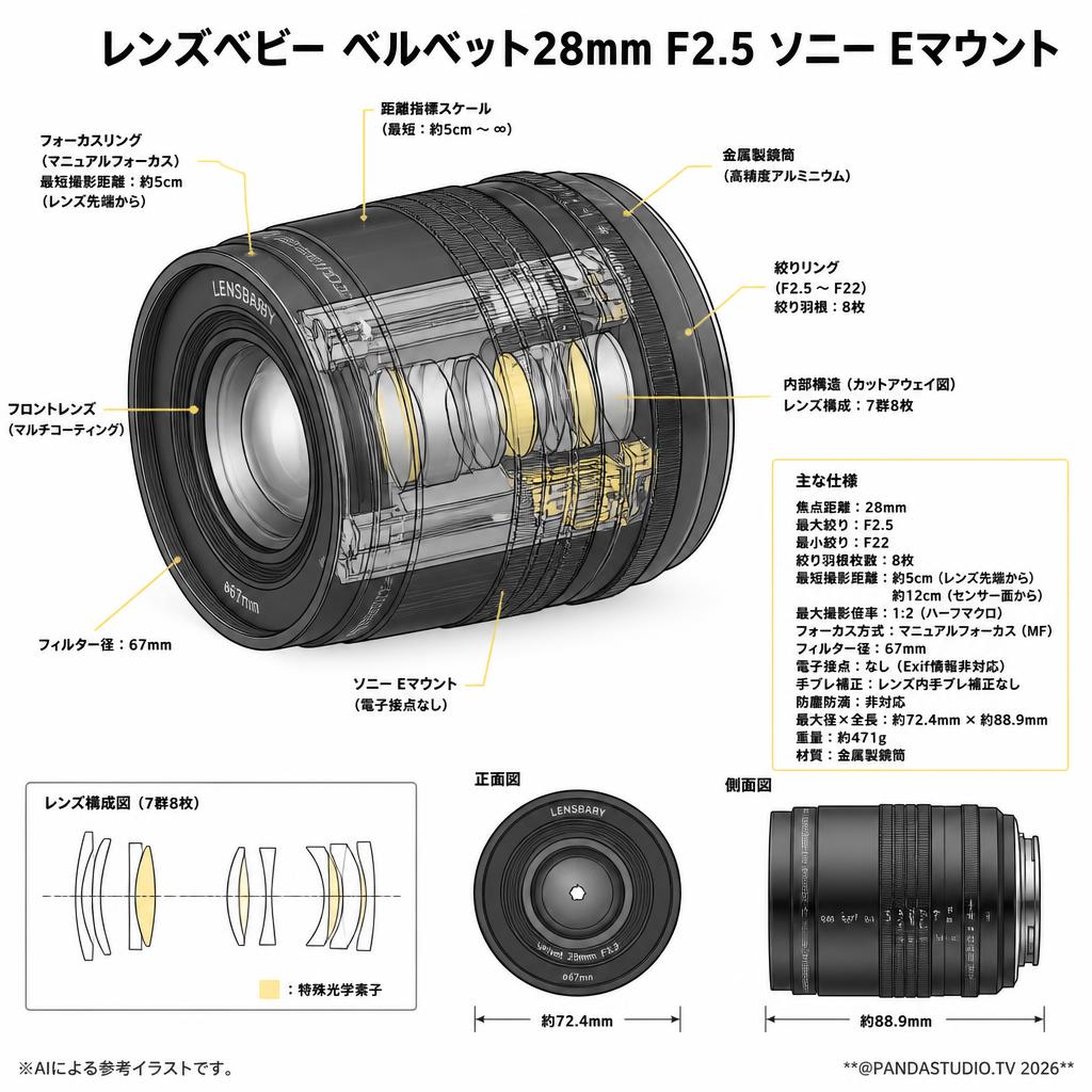 レンズベビー ベルベット28mm F2.5 ソニ－ Eマウント スペック
