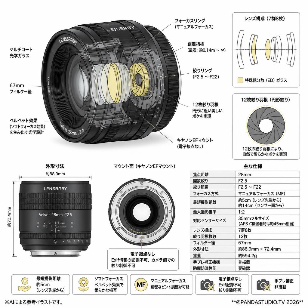 レンズベビー ベルベット28mm F2.5 ソフト キャノンEFマウント スペック