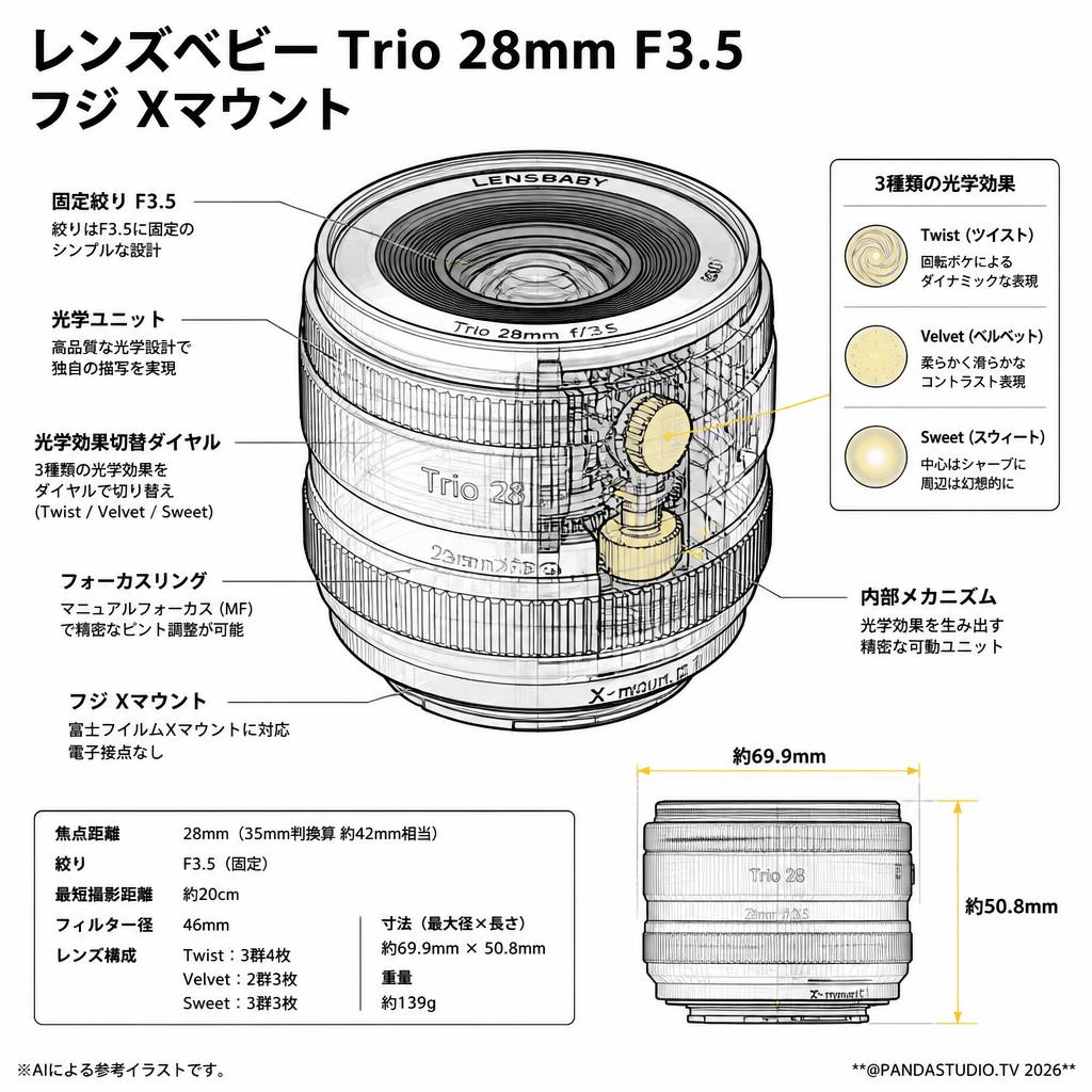 レンズベビー Trio 28mm F3.5フジ Xマウント スペック