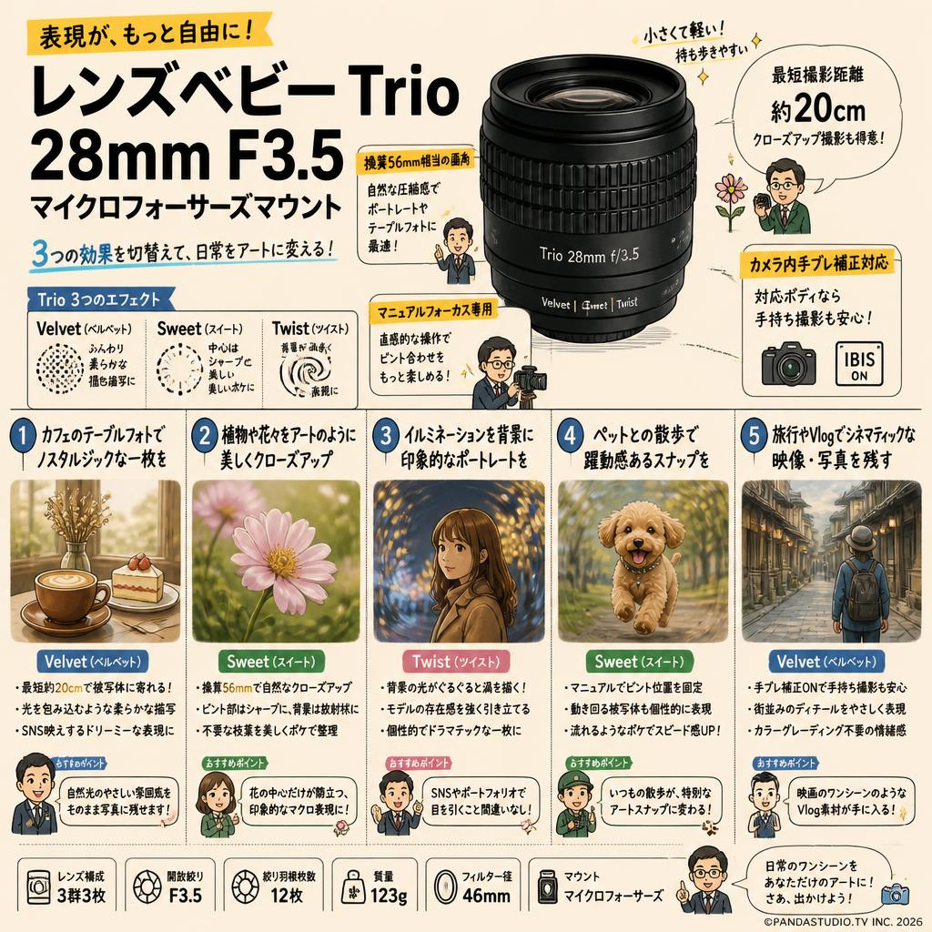 レンズベビー Trio 28mm F3.5 マイクロフォーサーズマウント 用途