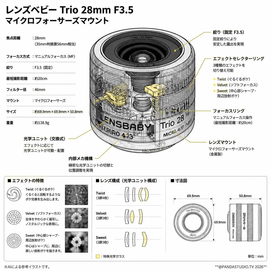 レンズベビー Trio 28mm F3.5 マイクロフォーサーズマウント スペック