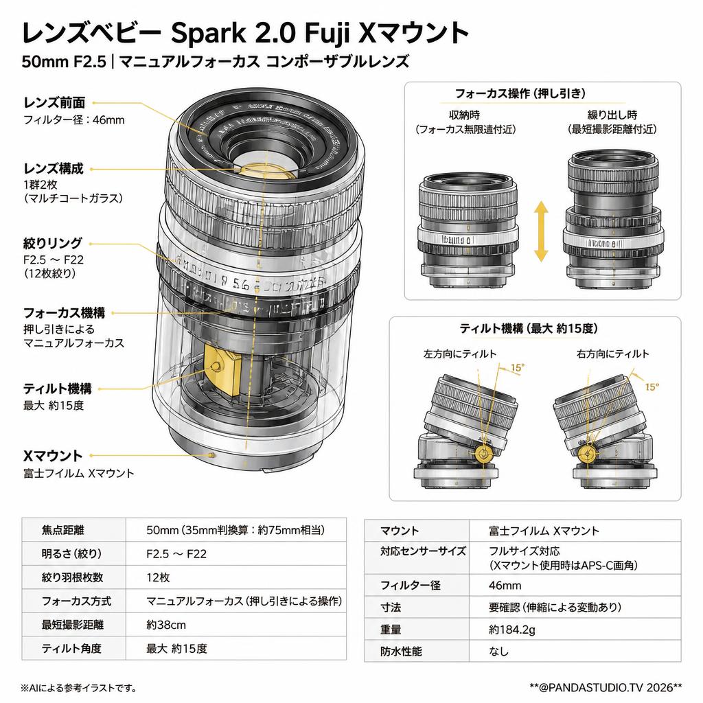 レンズベビー Spark 2.0 Fuji Xマウント スペック
