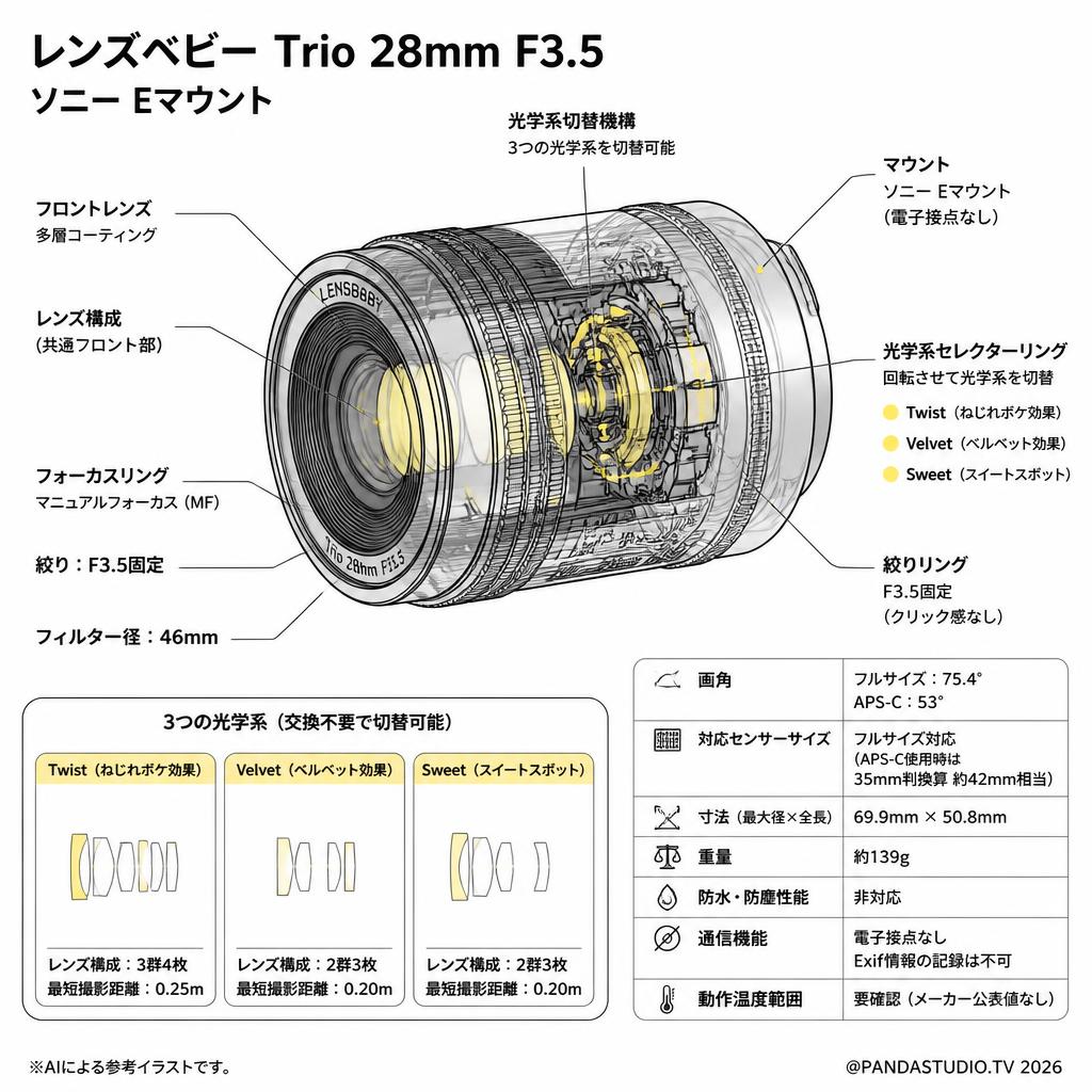 レンズベビー Trio 28mm  F3.5 ソニー Eマウント スペック