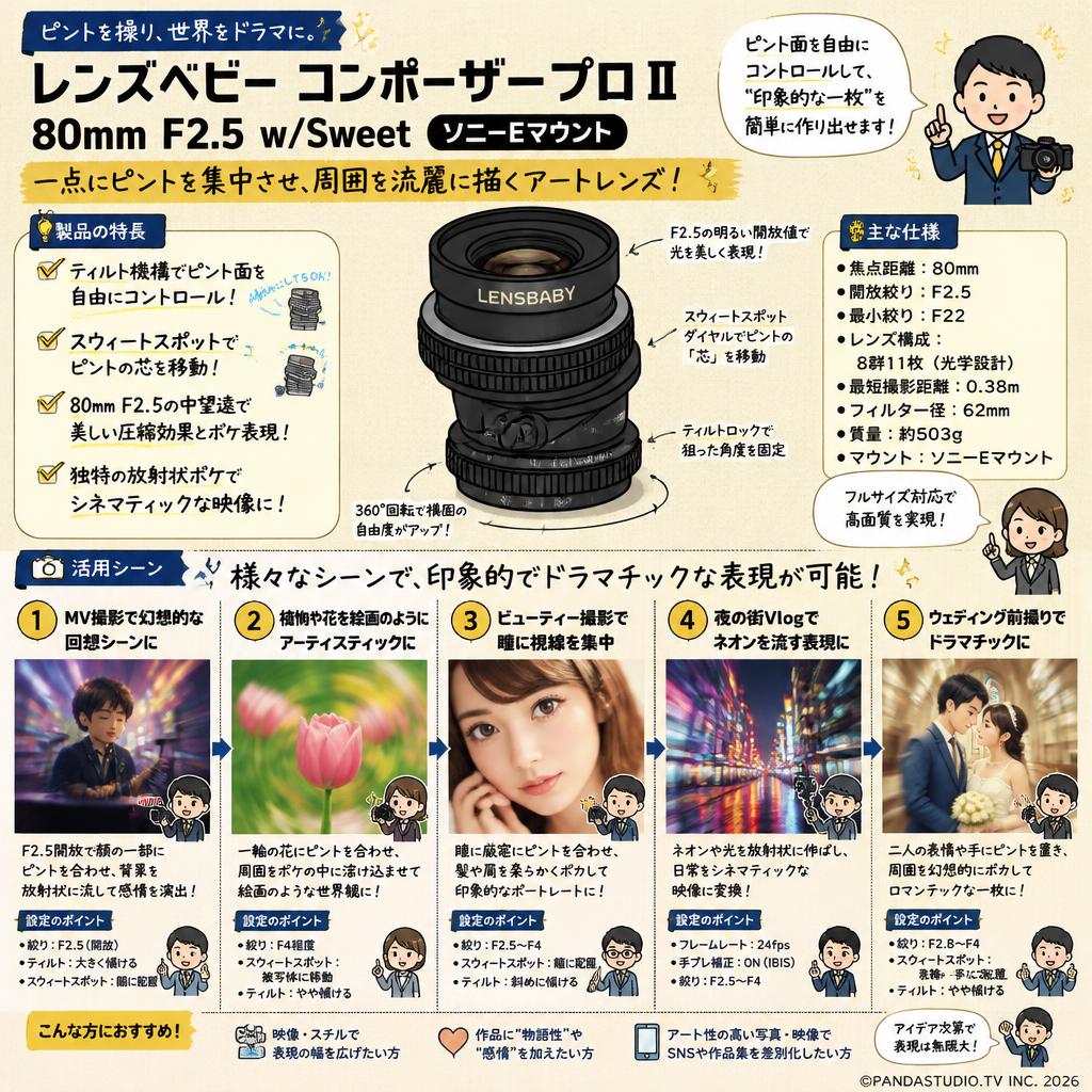 レンズベビー コンポーザープロⅡ 80mm F2.5 w/Sweet ソニーEマウント 用途