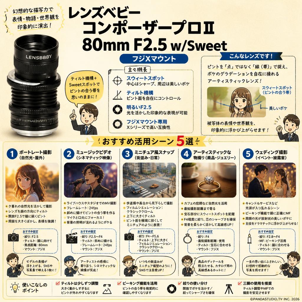 レンズベビー コンポーザープロⅡ 80mm F2.5 w/Sweet フジXマウント 用途