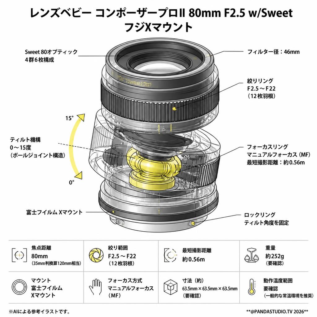 レンズベビー コンポーザープロⅡ 80mm F2.5 w/Sweet フジXマウント スペック