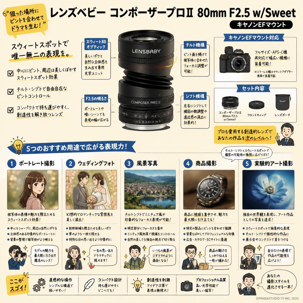 レンズベビー コンポーザープロⅡ 80mm F2.5 w/Sweet キャノンEFマウント 用途