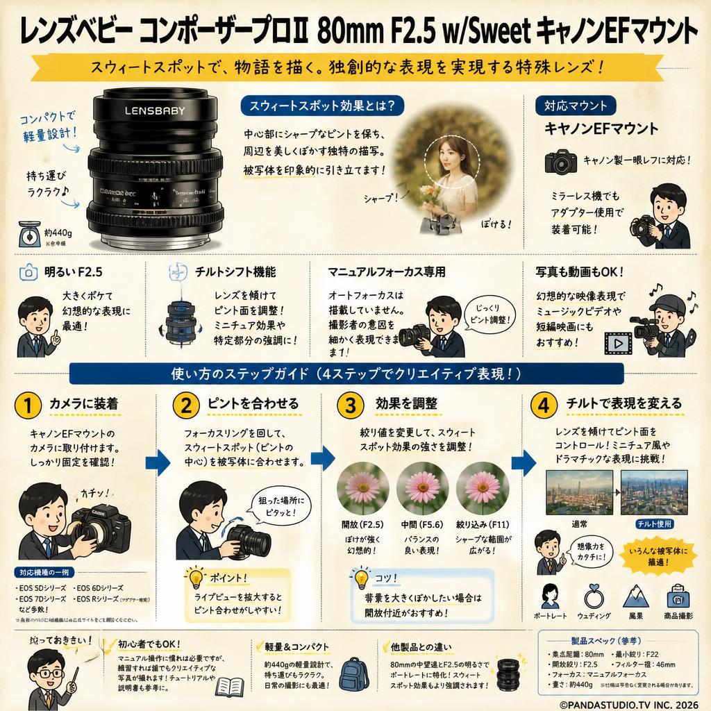 レンズベビー コンポーザープロⅡ 80mm F2.5 w/Sweet キャノンEFマウント FAQ（よくある質問と答え）