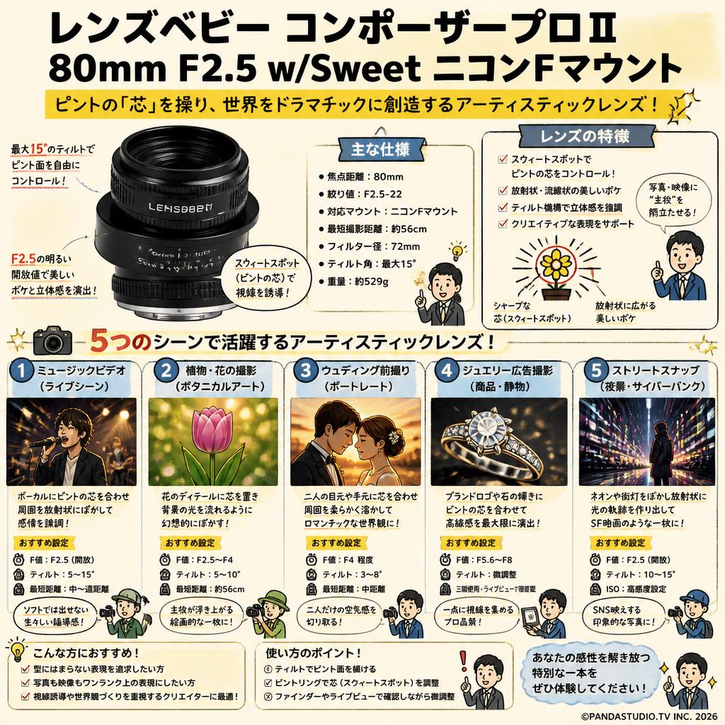 レンズベビー コンポーザープロⅡ 80mm F2.5 w/Sweet ニコンFマウント 用途