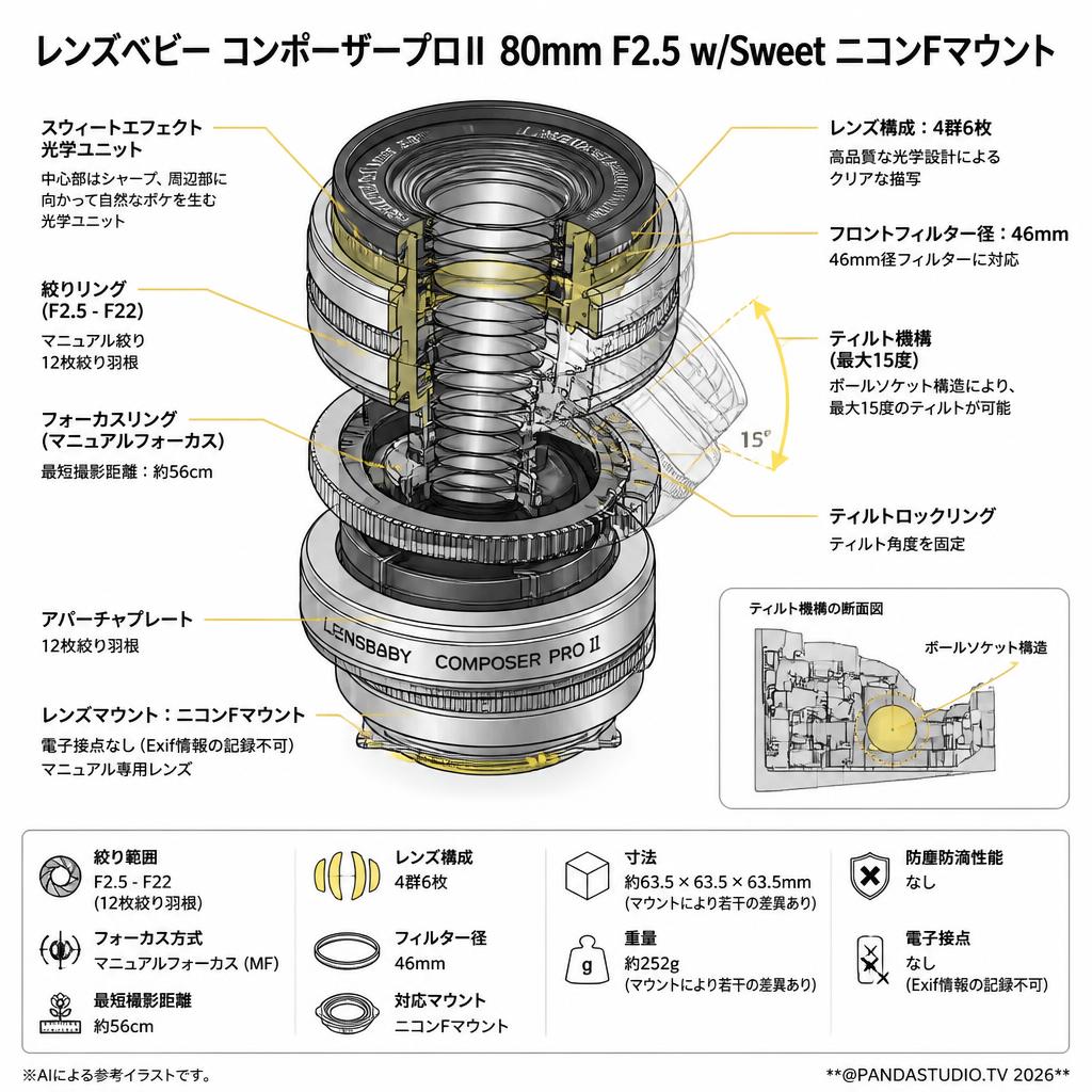 レンズベビー コンポーザープロⅡ 80mm F2.5 w/Sweet ニコンFマウント スペック